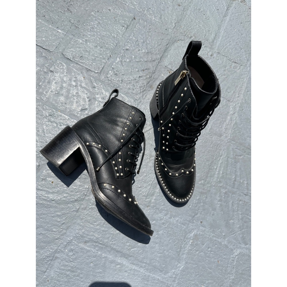 Jimmy Choo Cruz Black Leather Pearl Studded Lace Up Combat Boots 38.5 US 8